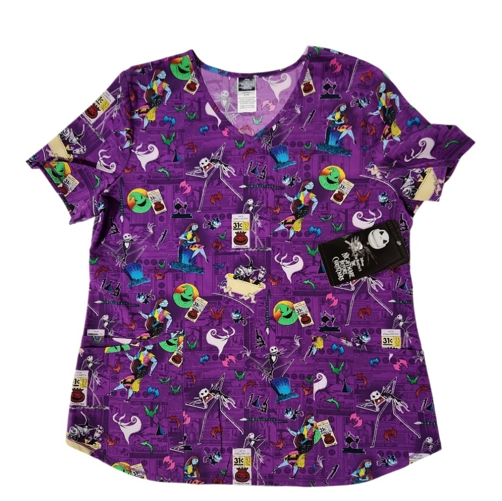 The Nightmare Before Christmas (L) Skellington Women's V-Neck Print Scrub Top